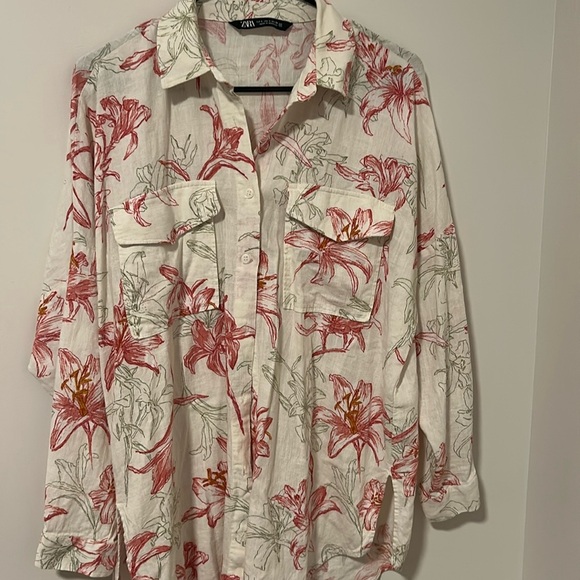 Zara 15% Linen Flower Floral Button Down Long Sleeve Shirt Size Small - Picture 1 of 4